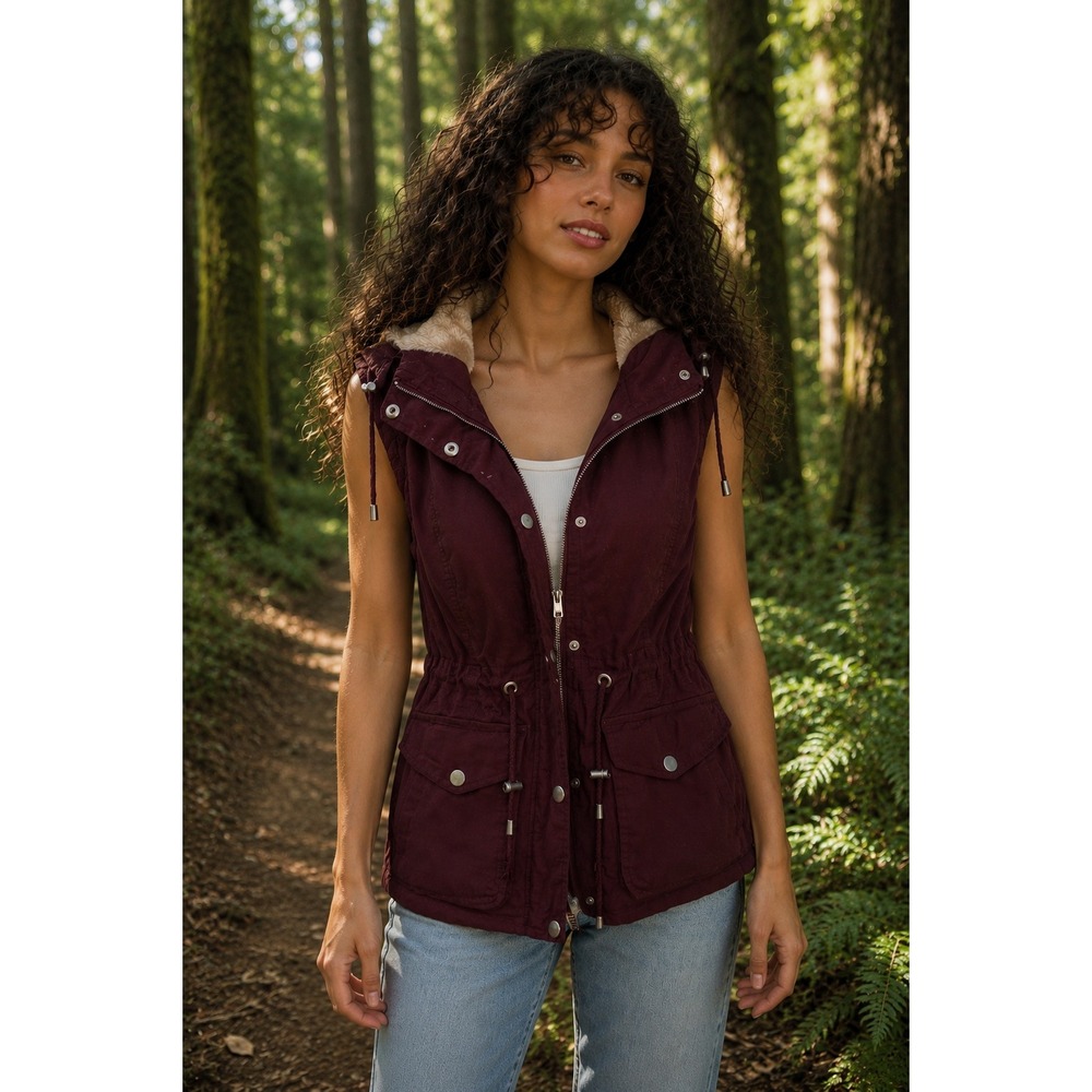 YMI Collection Womens Burgundy Faux Fur Lined Utility Hooded Vest Maroon Small